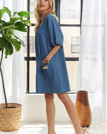 ADORA V - Neck Half Sleeve Mini Denim Dress - THE AMERICAN BLUE