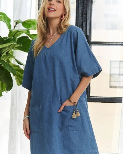 ADORA V - Neck Half Sleeve Mini Denim Dress - THE AMERICAN BLUE