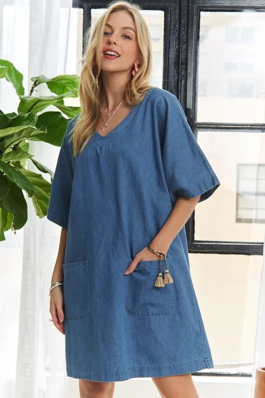 ADORA V - Neck Half Sleeve Mini Denim Dress - THE AMERICAN BLUE