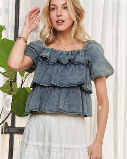 ADORA Washed Denim Layered Ruffle Blouse - THE AMERICAN BLUE
