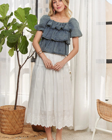 ADORA Washed Denim Layered Ruffle Blouse - THE AMERICAN BLUE