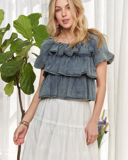 ADORA Washed Denim Layered Ruffle Blouse - THE AMERICAN BLUE