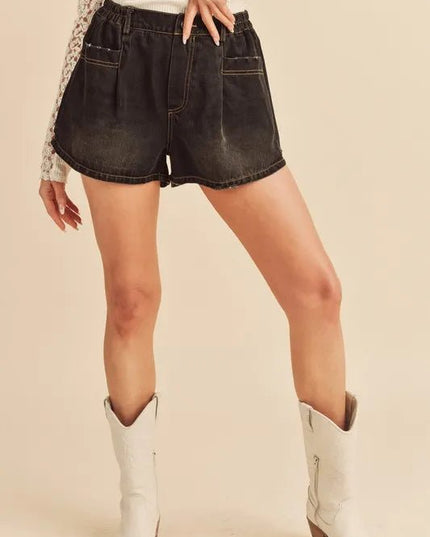 Aemi + Co Frayed Hem Elastic Waist Denim Shorts - THE AMERICAN BLUE
