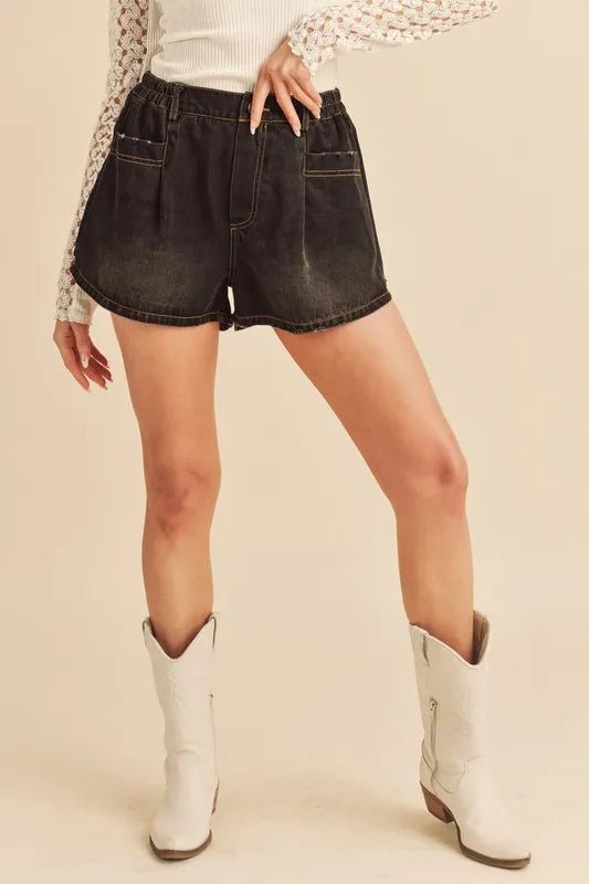 Aemi + Co Frayed Hem Elastic Waist Denim Shorts - THE AMERICAN BLUE