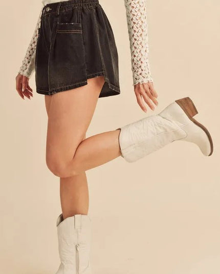 Aemi + Co Frayed Hem Elastic Waist Denim Shorts - THE AMERICAN BLUE