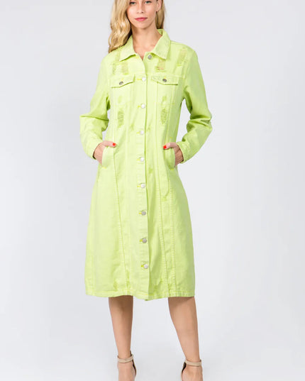 American Bazi Button Up Distressed Denim Dress - THE AMERICAN BLUE