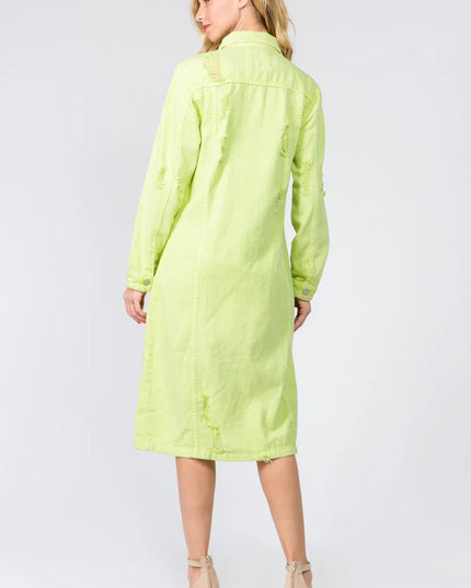 American Bazi Button Up Distressed Denim Dress - THE AMERICAN BLUE