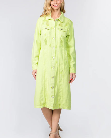 American Bazi Button Up Distressed Denim Dress - THE AMERICAN BLUE