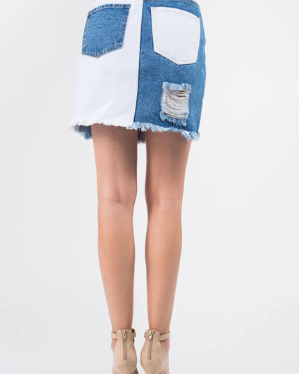 American Bazi Contrast Patched Frayed Denim Distressed Skirts - THE AMERICAN BLUE