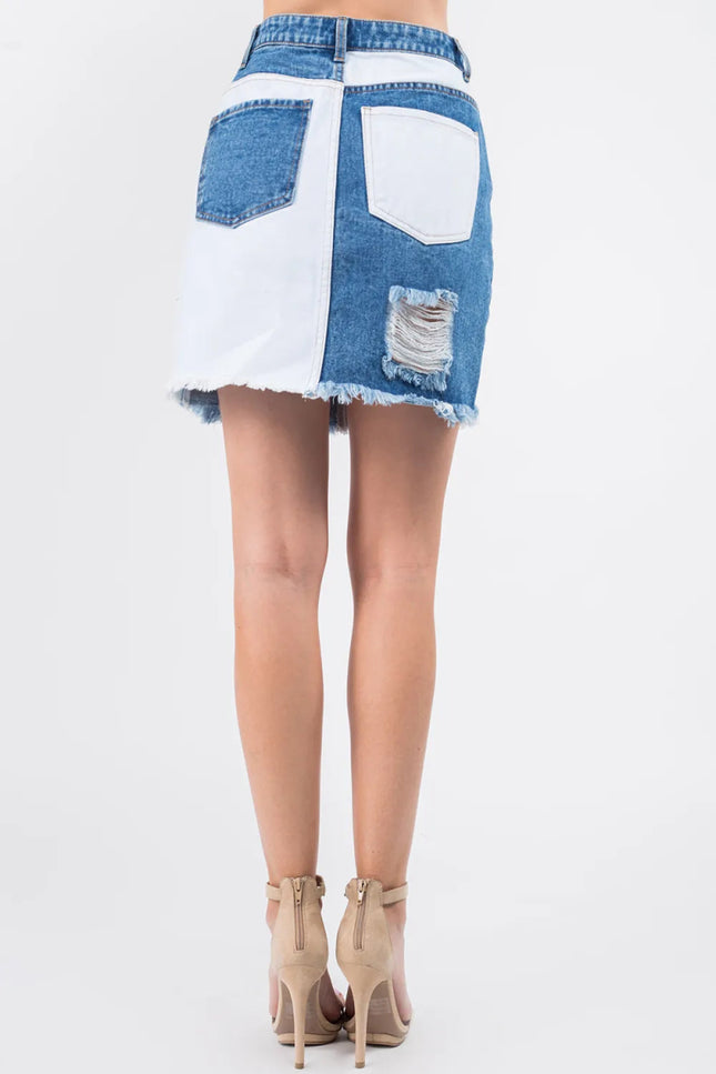 American Bazi Contrast Patched Frayed Denim Distressed Skirts - THE AMERICAN BLUE