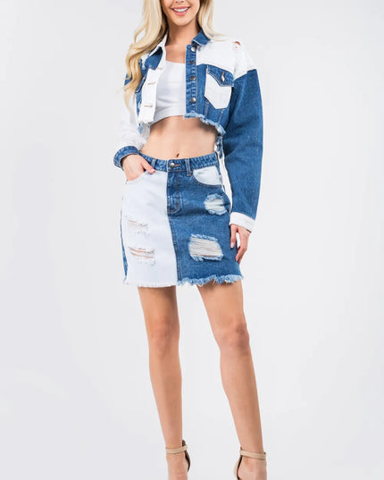 American Bazi Contrast Patched Frayed Denim Distressed Skirts - THE AMERICAN BLUE