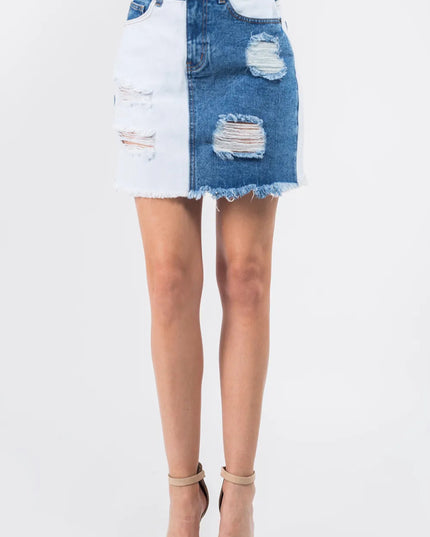 American Bazi Contrast Patched Frayed Denim Distressed Skirts - THE AMERICAN BLUE