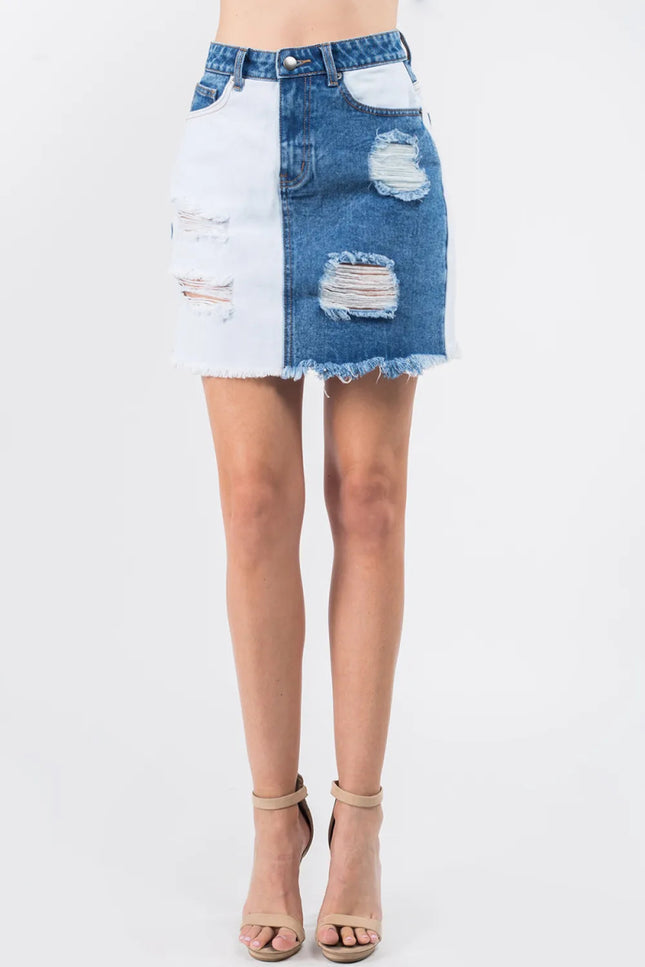 American Bazi Contrast Patched Frayed Denim Distressed Skirts - THE AMERICAN BLUE