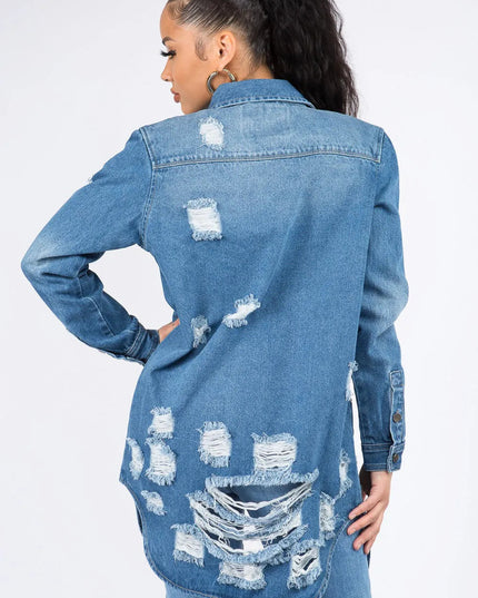 American Bazi Distressed Button Down Denim Shirt Jacket - THE AMERICAN BLUE