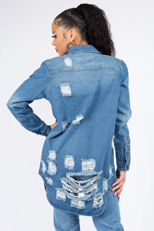 American Bazi Distressed Button Down Denim Shirt Jacket - THE AMERICAN BLUE