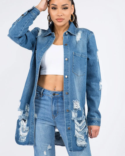 American Bazi Distressed Button Down Denim Shirt Jacket - THE AMERICAN BLUE