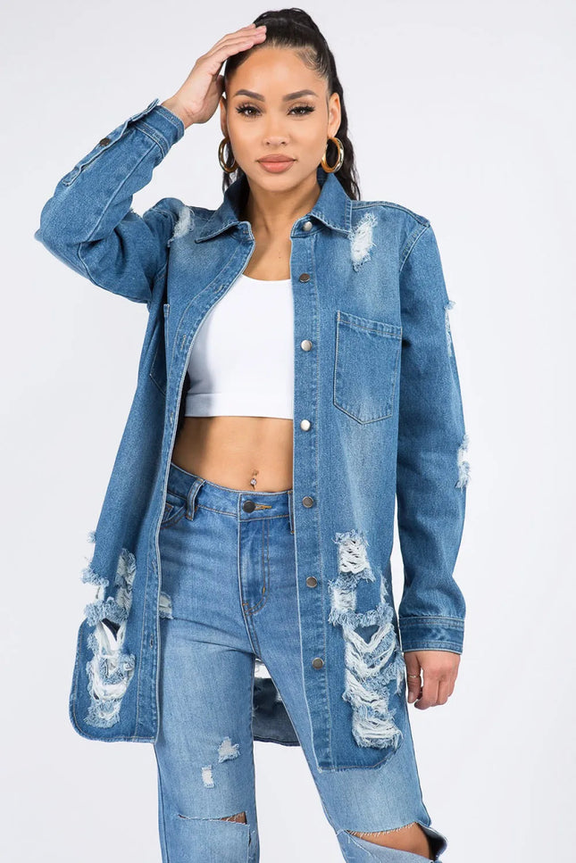 American Bazi Distressed Button Down Denim Shirt Jacket - THE AMERICAN BLUE