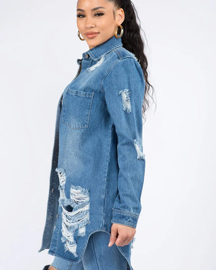 American Bazi Distressed Button Down Denim Shirt Jacket - THE AMERICAN BLUE
