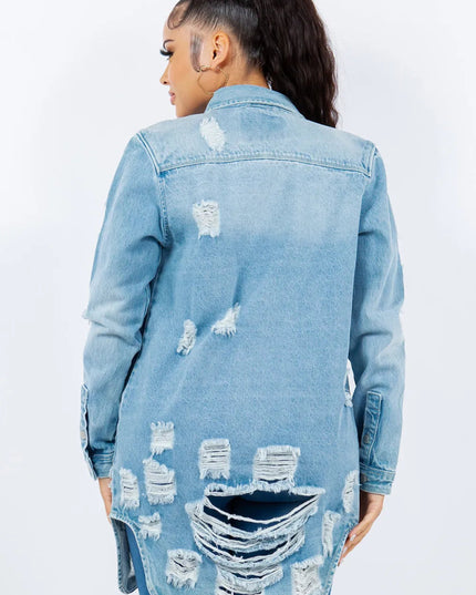 American Bazi Distressed Button Up Long Sleeve Denim Jacket - THE AMERICAN BLUE
