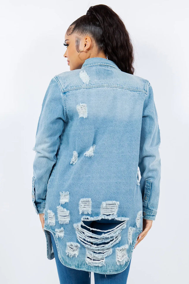 American Bazi Distressed Button Up Long Sleeve Denim Jacket - THE AMERICAN BLUE