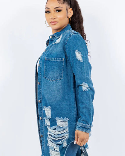 American Bazi Distressed Button Up Long Sleeve Denim Jacket - THE AMERICAN BLUE