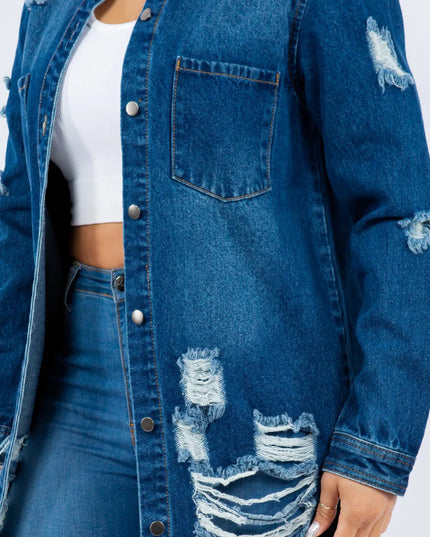 American Bazi Distressed Button Up Long Sleeve Denim Jacket - THE AMERICAN BLUE