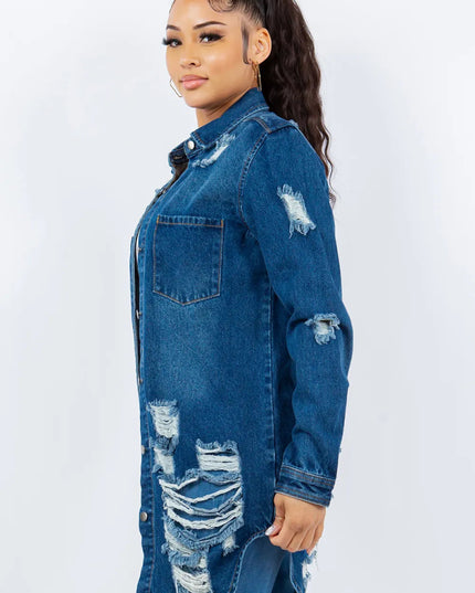 American Bazi Distressed Button Up Long Sleeve Denim Jacket - THE AMERICAN BLUE