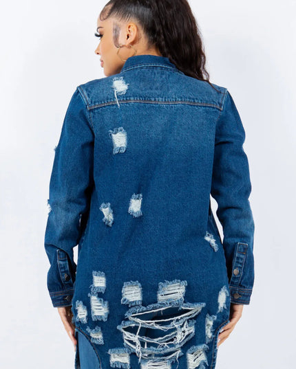 American Bazi Distressed Button Up Long Sleeve Denim Jacket - THE AMERICAN BLUE