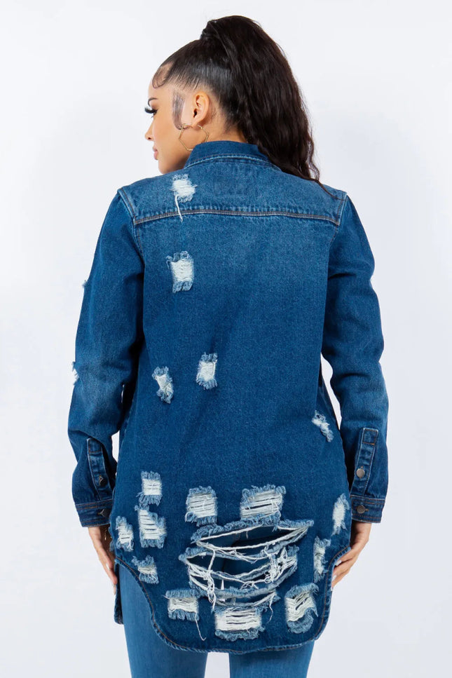 American Bazi Distressed Button Up Long Sleeve Denim Jacket - THE AMERICAN BLUE