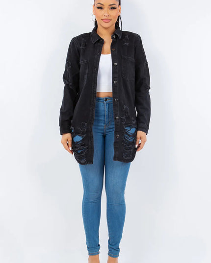 American Bazi Distressed Button Up Long Sleeve Denim Jacket - THE AMERICAN BLUE