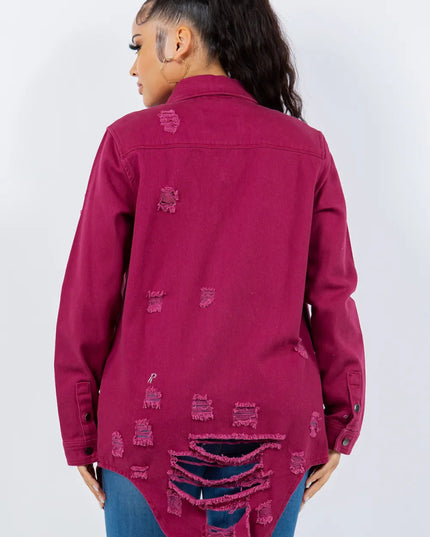 American Bazi Distressed Button Up Long Sleeve Denim Jacket - THE AMERICAN BLUE