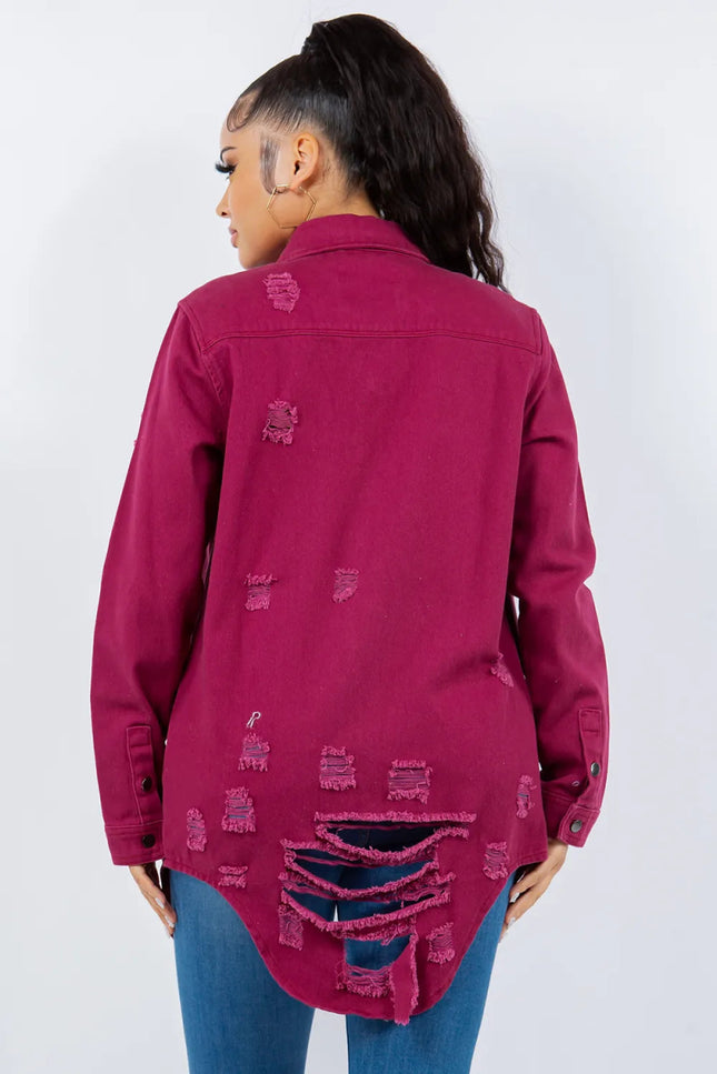 American Bazi Distressed Button Up Long Sleeve Denim Jacket - THE AMERICAN BLUE