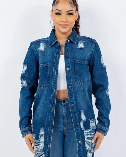 American Bazi Distressed Button Up Long Sleeve Denim Jacket - THE AMERICAN BLUE
