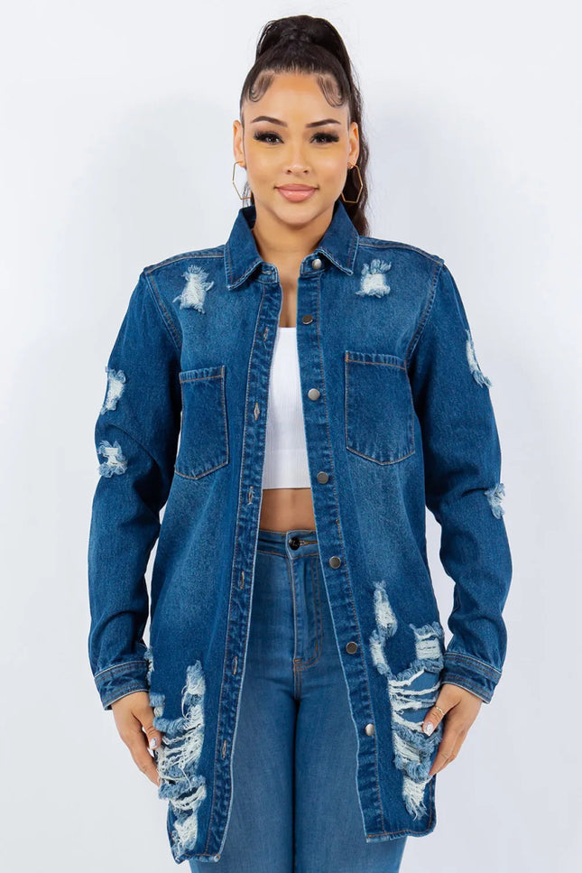 American Bazi Distressed Button Up Long Sleeve Denim Jacket - THE AMERICAN BLUE