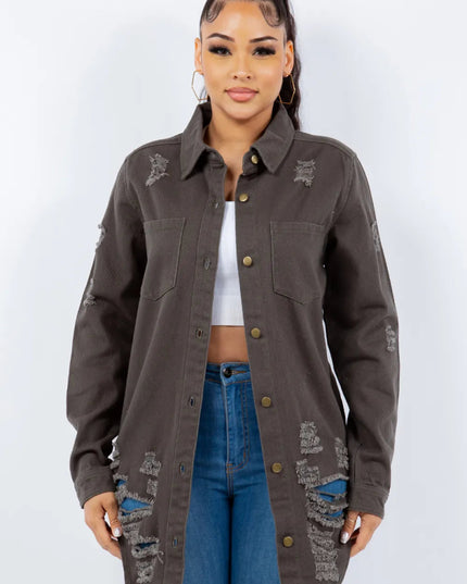 American Bazi Distressed Button Up Long Sleeve Denim Jacket - THE AMERICAN BLUE