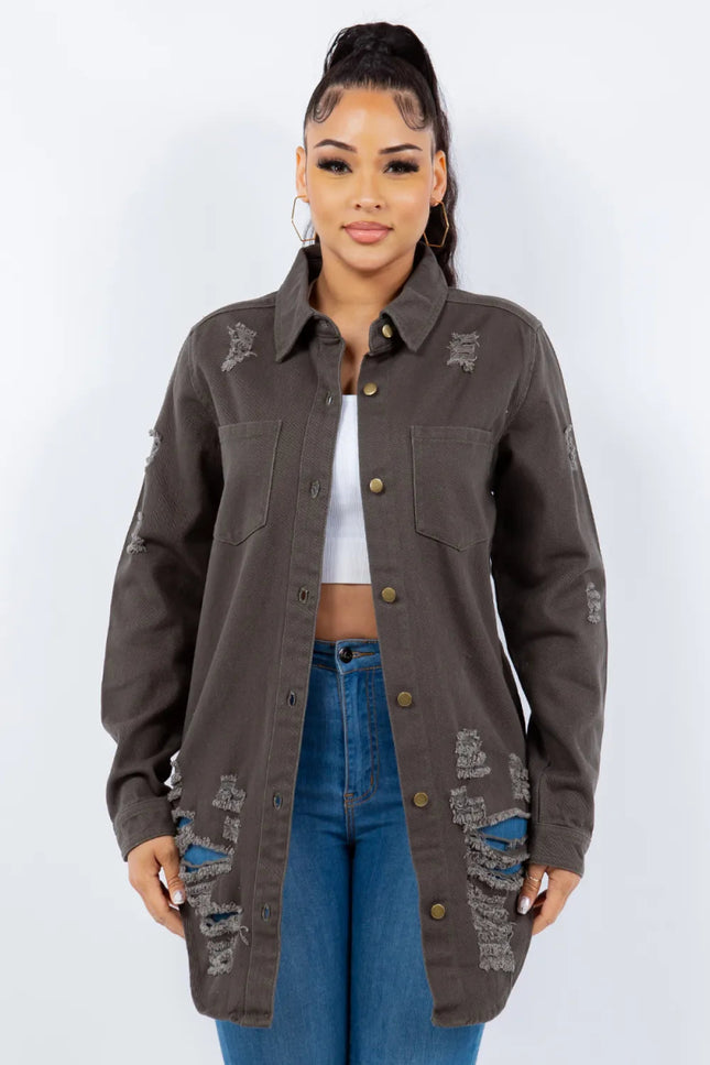 American Bazi Distressed Button Up Long Sleeve Denim Jacket - THE AMERICAN BLUE