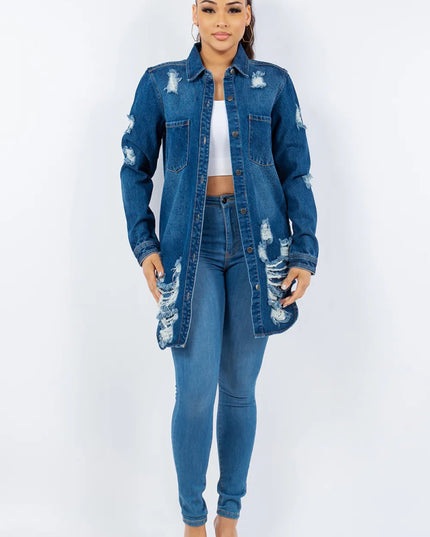 American Bazi Distressed Button Up Long Sleeve Denim Jacket - THE AMERICAN BLUE