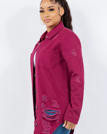 American Bazi Distressed Button Up Long Sleeve Denim Jacket - THE AMERICAN BLUE