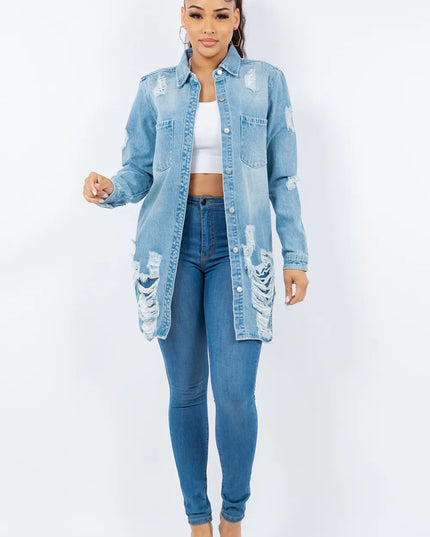 American Bazi Distressed Button Up Long Sleeve Denim Jacket - THE AMERICAN BLUE