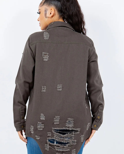 American Bazi Distressed Button Up Long Sleeve Denim Jacket - THE AMERICAN BLUE