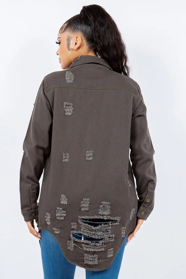 American Bazi Distressed Button Up Long Sleeve Denim Jacket - THE AMERICAN BLUE