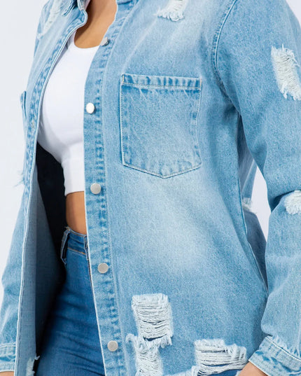American Bazi Distressed Button Up Long Sleeve Denim Jacket - THE AMERICAN BLUE