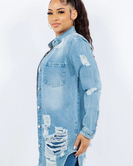 American Bazi Distressed Button Up Long Sleeve Denim Jacket - THE AMERICAN BLUE