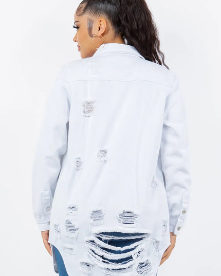 American Bazi Distressed Button Up Long Sleeve Denim Jacket - THE AMERICAN BLUE