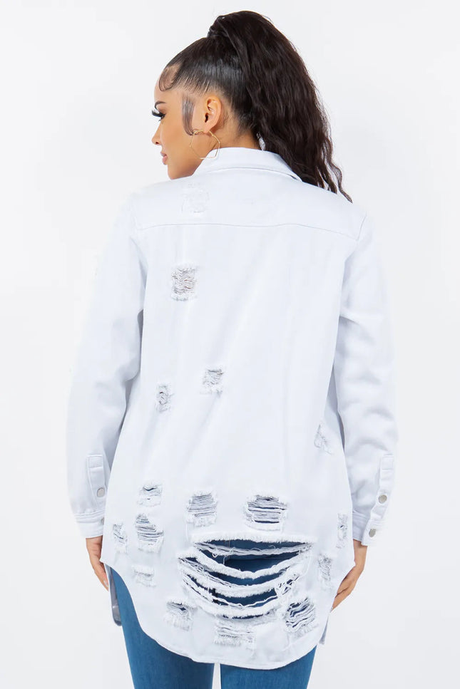 American Bazi Distressed Button Up Long Sleeve Denim Jacket - THE AMERICAN BLUE