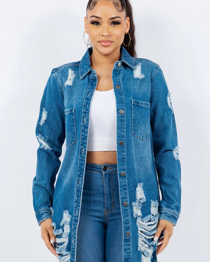 American Bazi Distressed Button Up Long Sleeve Denim Jacket - THE AMERICAN BLUE