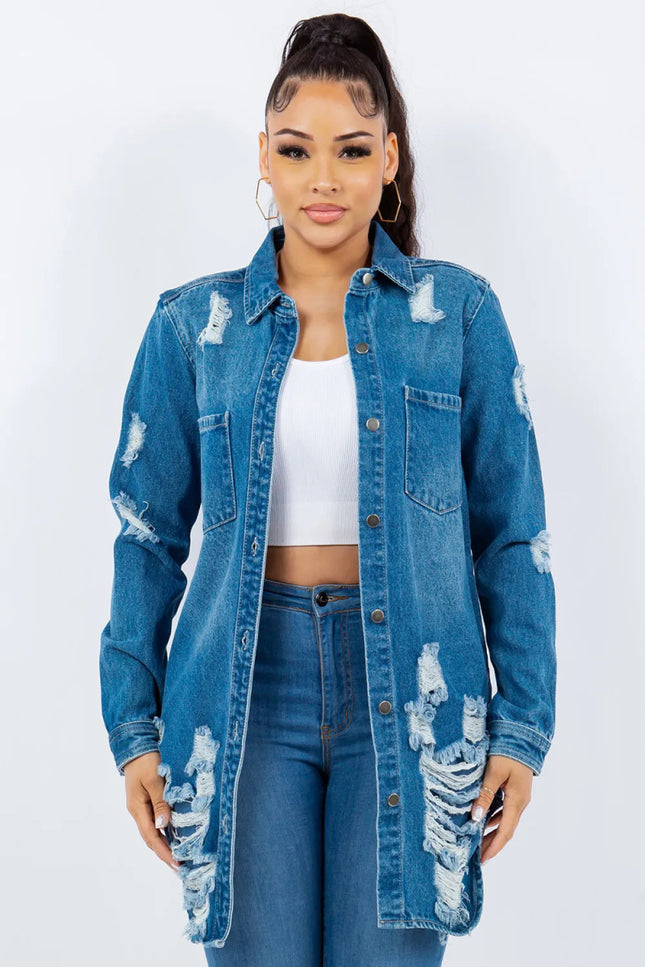 American Bazi Distressed Button Up Long Sleeve Denim Jacket - THE AMERICAN BLUE
