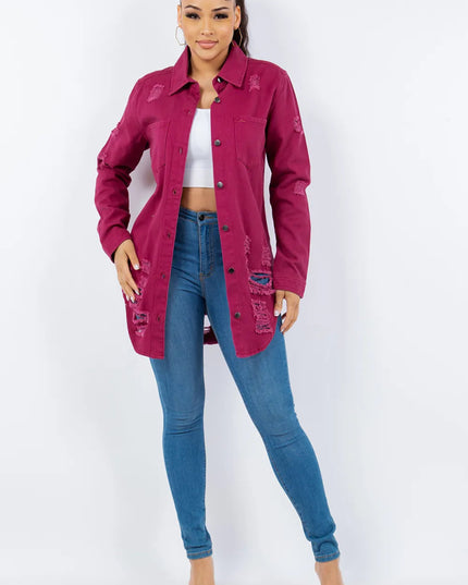 American Bazi Distressed Button Up Long Sleeve Denim Jacket - THE AMERICAN BLUE