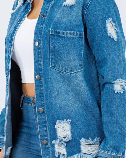 American Bazi Distressed Button Up Long Sleeve Denim Jacket - THE AMERICAN BLUE