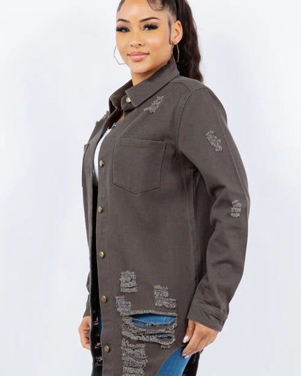 American Bazi Distressed Button Up Long Sleeve Denim Jacket - THE AMERICAN BLUE